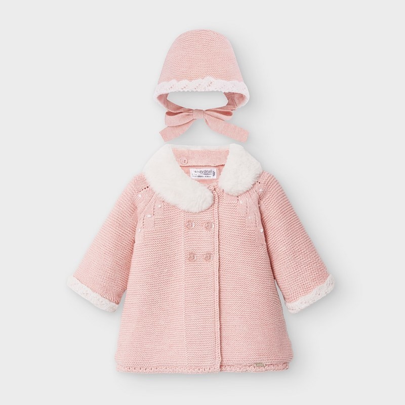 Trikotový kabát s kloboukem pro dívky Mayoral 2459-34 růžový