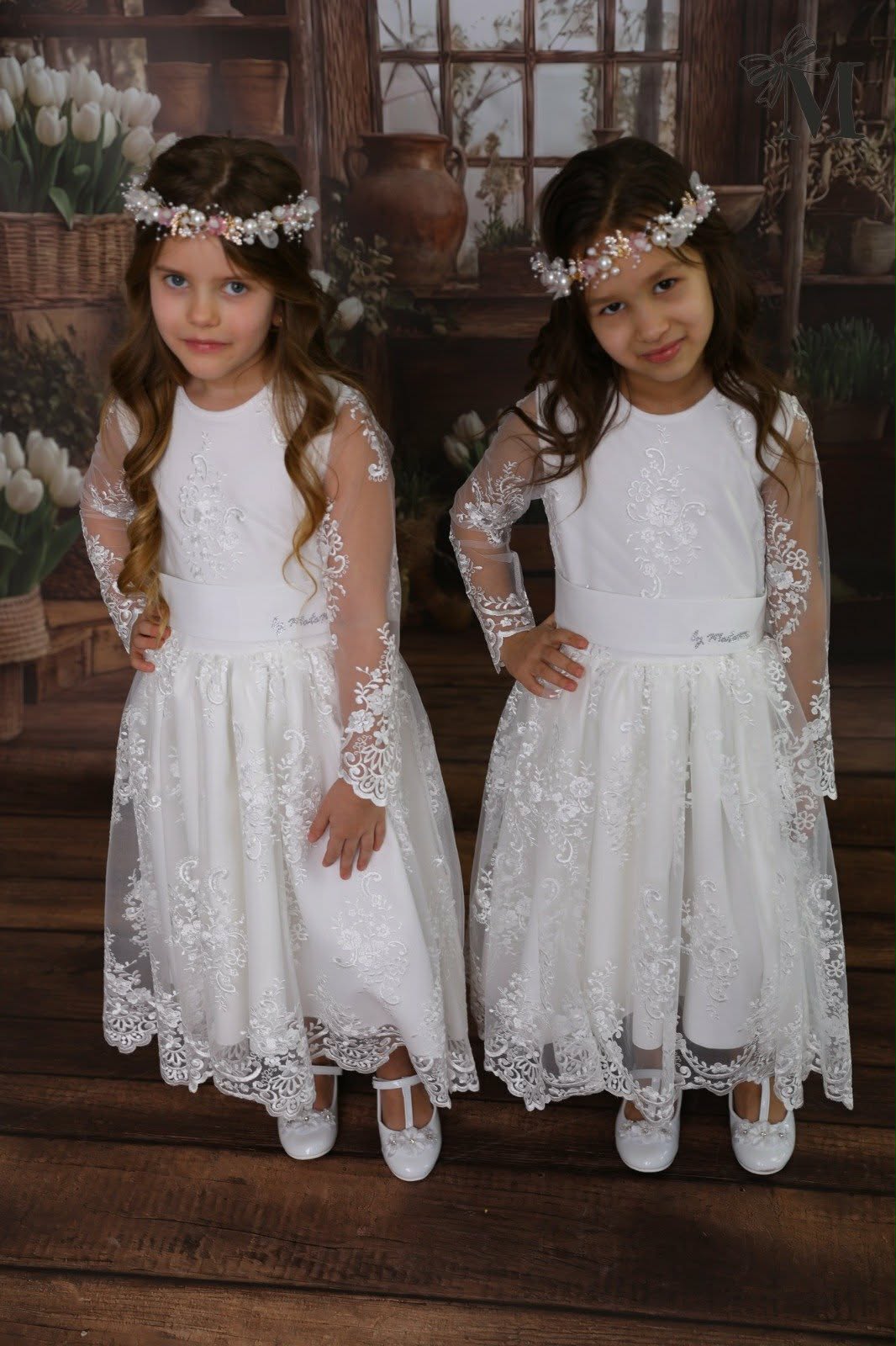 Sukienka koronkowa z kokardą dziewczęca krem MałaMi 1877-5326-28