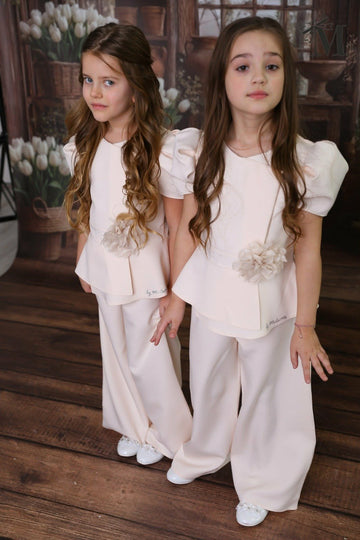 Komplet elegancki bluzka z baskinką + spodnie dziewczęcy wanilia Małami 2773-27226