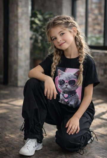 t-shirt z kotkiem dziewczęca czarny Qbakids 3154-25226-14